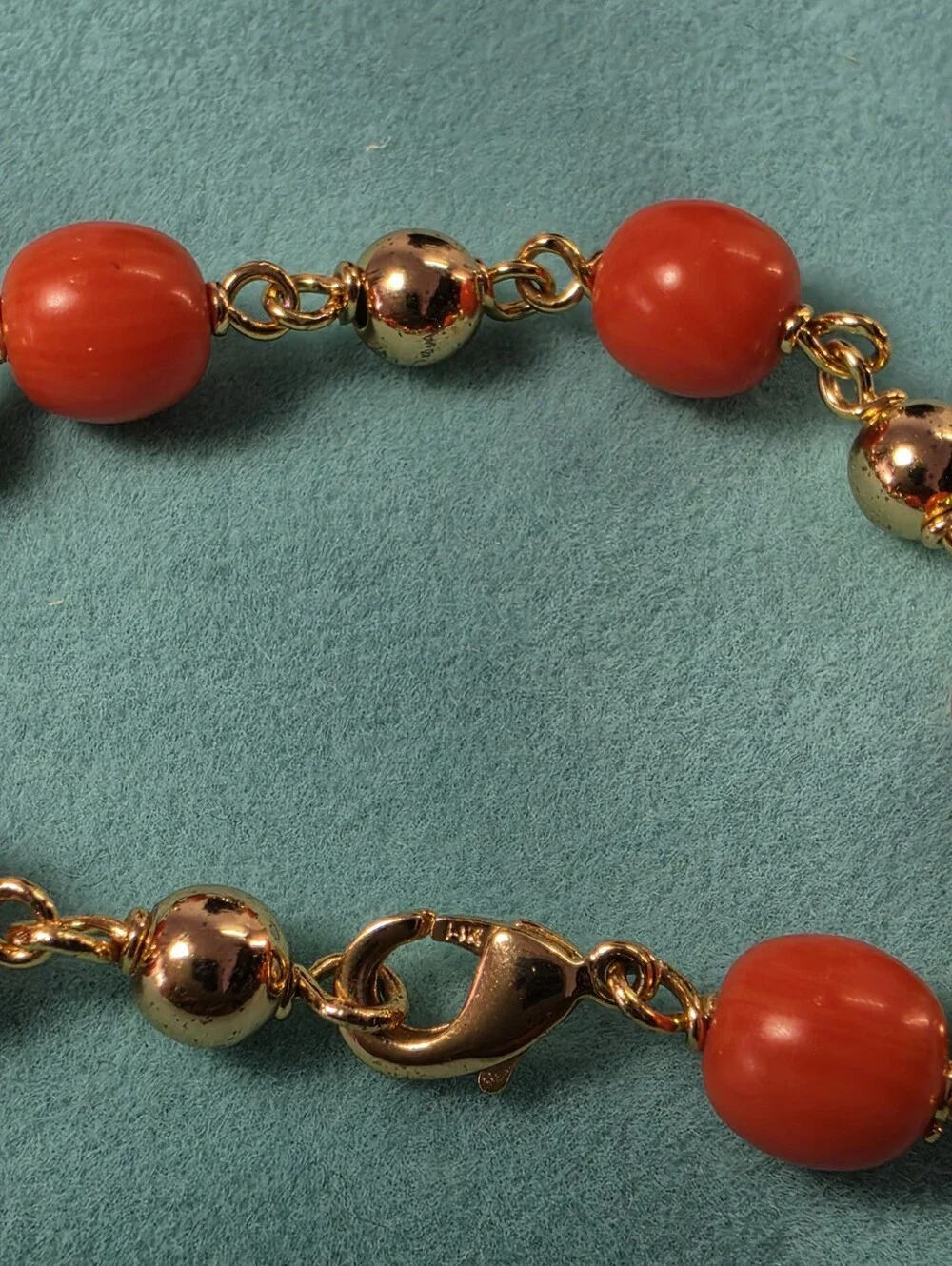 #2604, Signed ( Ls, 14K) Gold plated Baby Bracelet, Japanese Momo Coral, 5.5